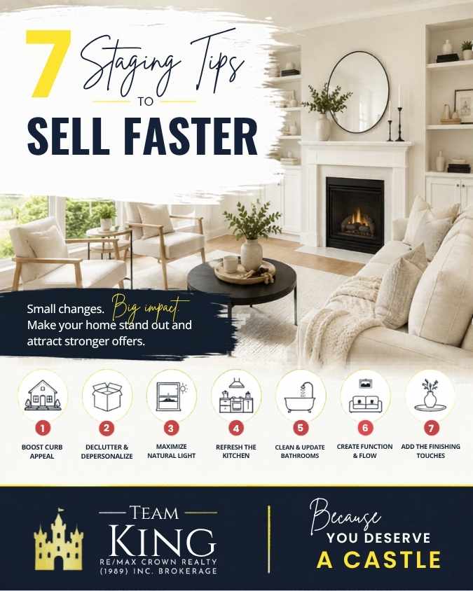 Bright real estate staging infographic featuring 7 home staging tips to sell a home faster and for more money, created by Team KING Sudbury real estate.