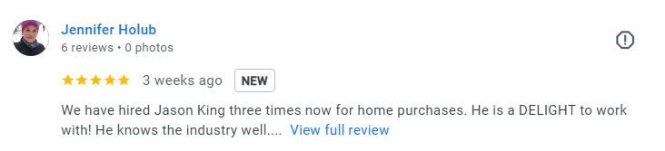 Verified Google review from Jennifer Holub, promoting Team KING | Re/Max Crown for home buying expertise, 5-star client experience.