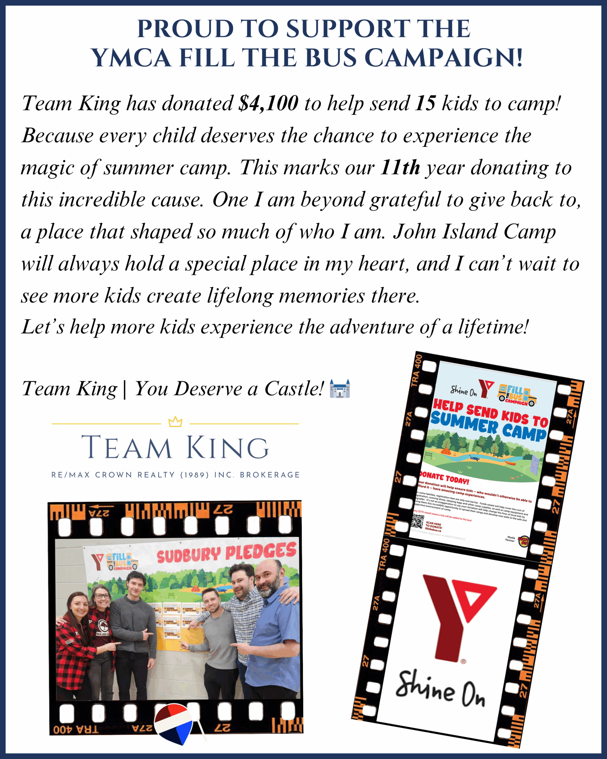 Team King members standing beside the YMCA Fill the Bus Sudbury pledge board after raising $4,100 to send 15 kids to John Island Camp in 2026.