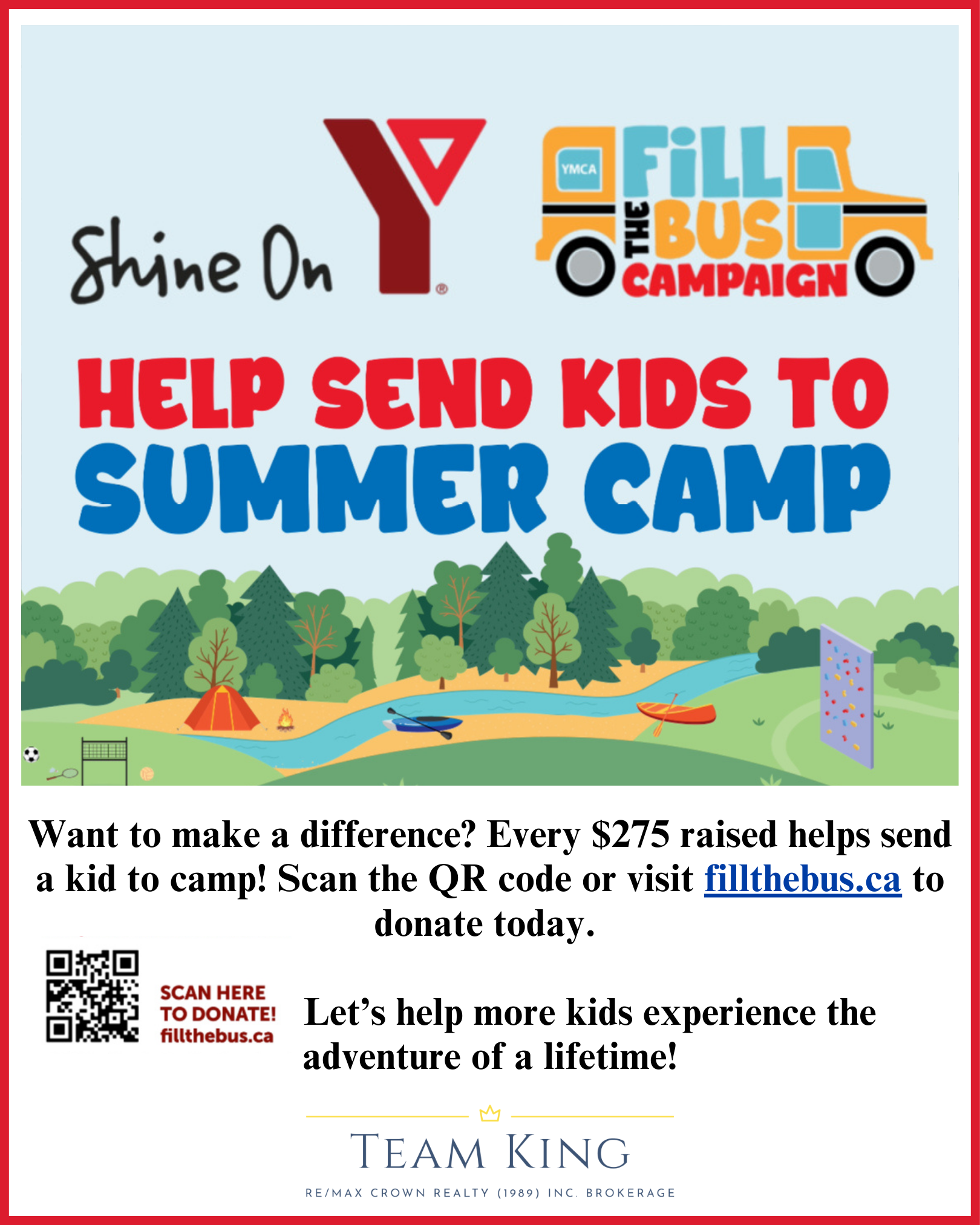 YMCA Fill the Bus 2026 campaign graphic encouraging donations to send kids to summer camp in Sudbury.