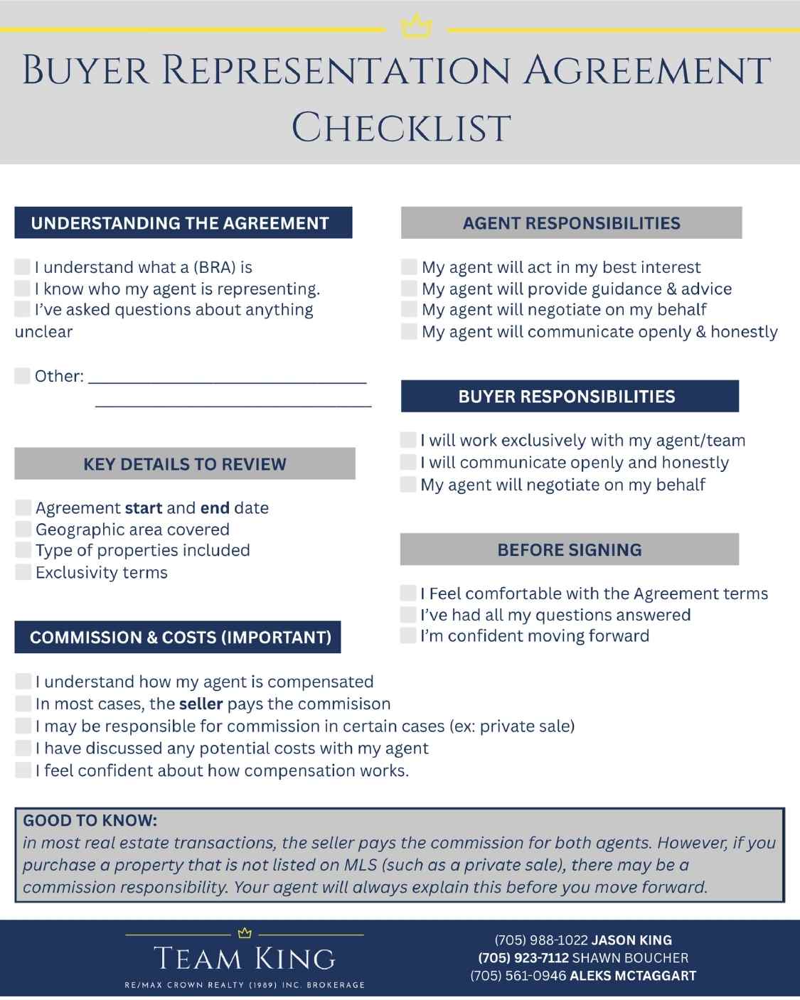 Buyer Representation Agreement checklist by Team KING Real Estate outlining key things to review before signing