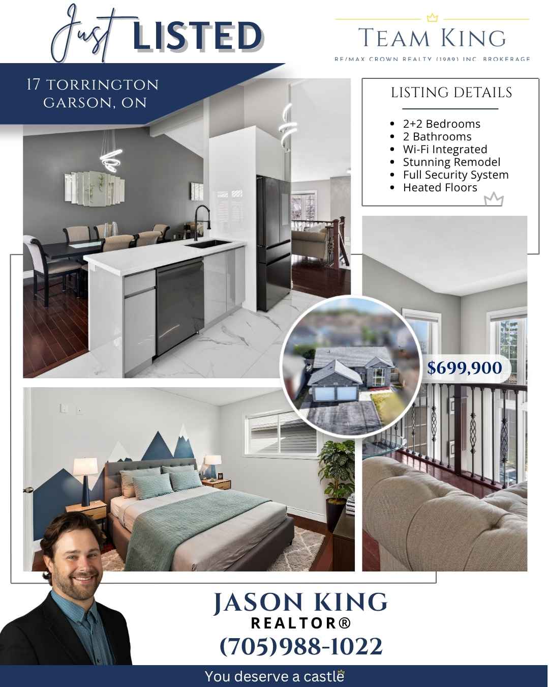 Modern 4-bedroom bungalow at 17 Torrington in Garson featuring updated kitchen, spacious dining room, detached garage, large foyer, and contemporary finishes.