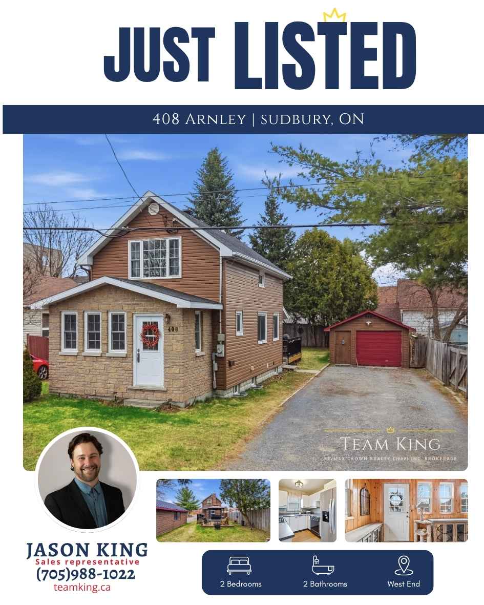 Just listed 408 Arnley Street Sudbury showing bright foyer entrance, attached garage space, and modern kitchen interior.