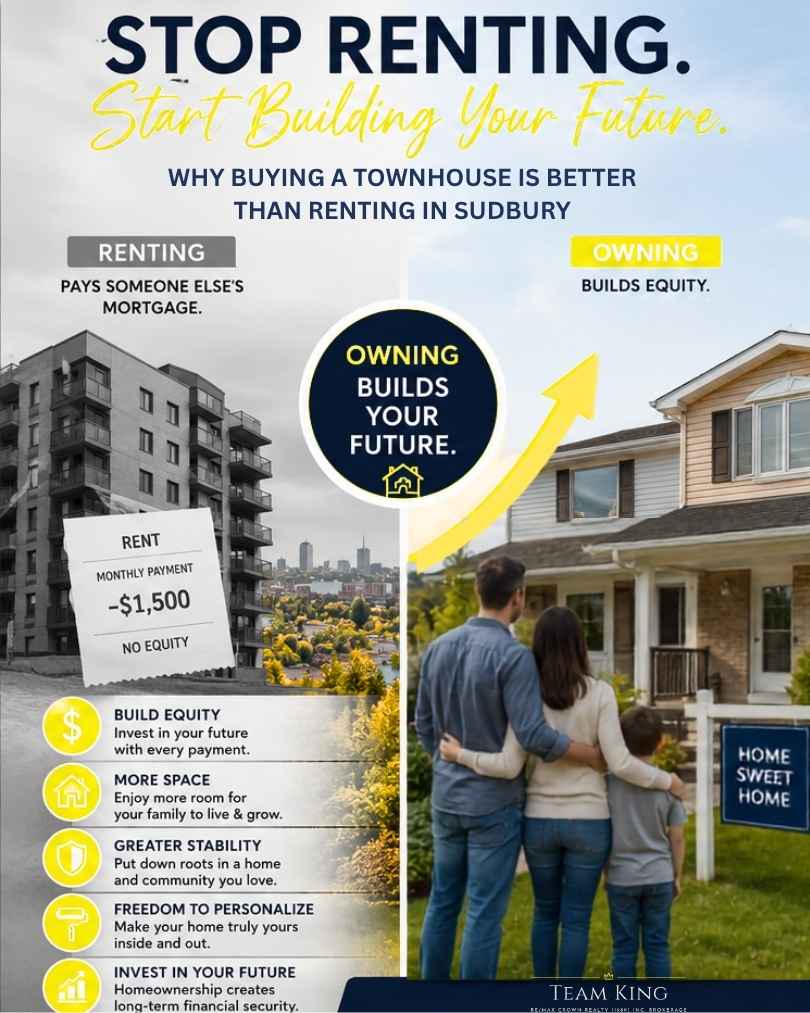 Family standing in front of a townhouse in Sudbury Ontario after purchasing their first home.