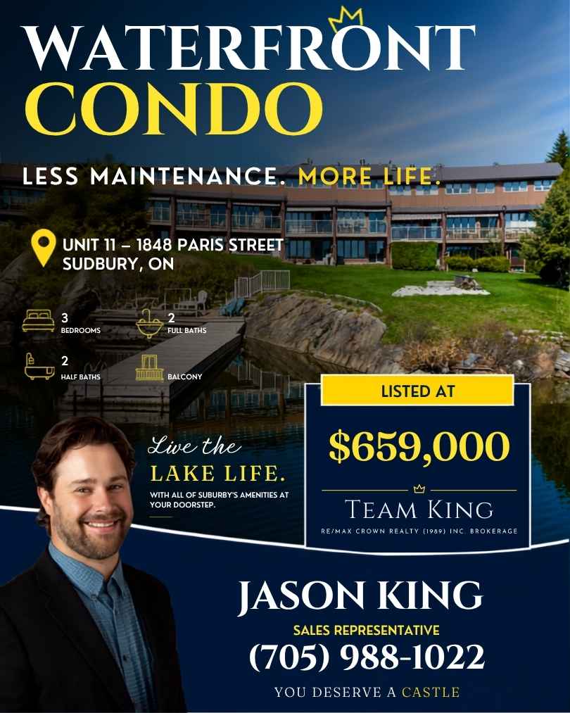 Waterfront condominium for sale at Unit 11, 1848 Paris Street overlooking Lake Nepahwin in Sudbury, Ontario.