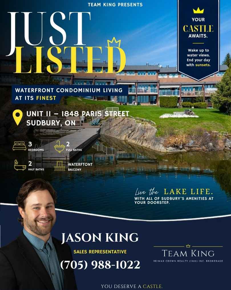 Waterfront condominium for sale at Unit 11, 1848 Paris Street overlooking Lake Nepahwin in Sudbury, Ontario.