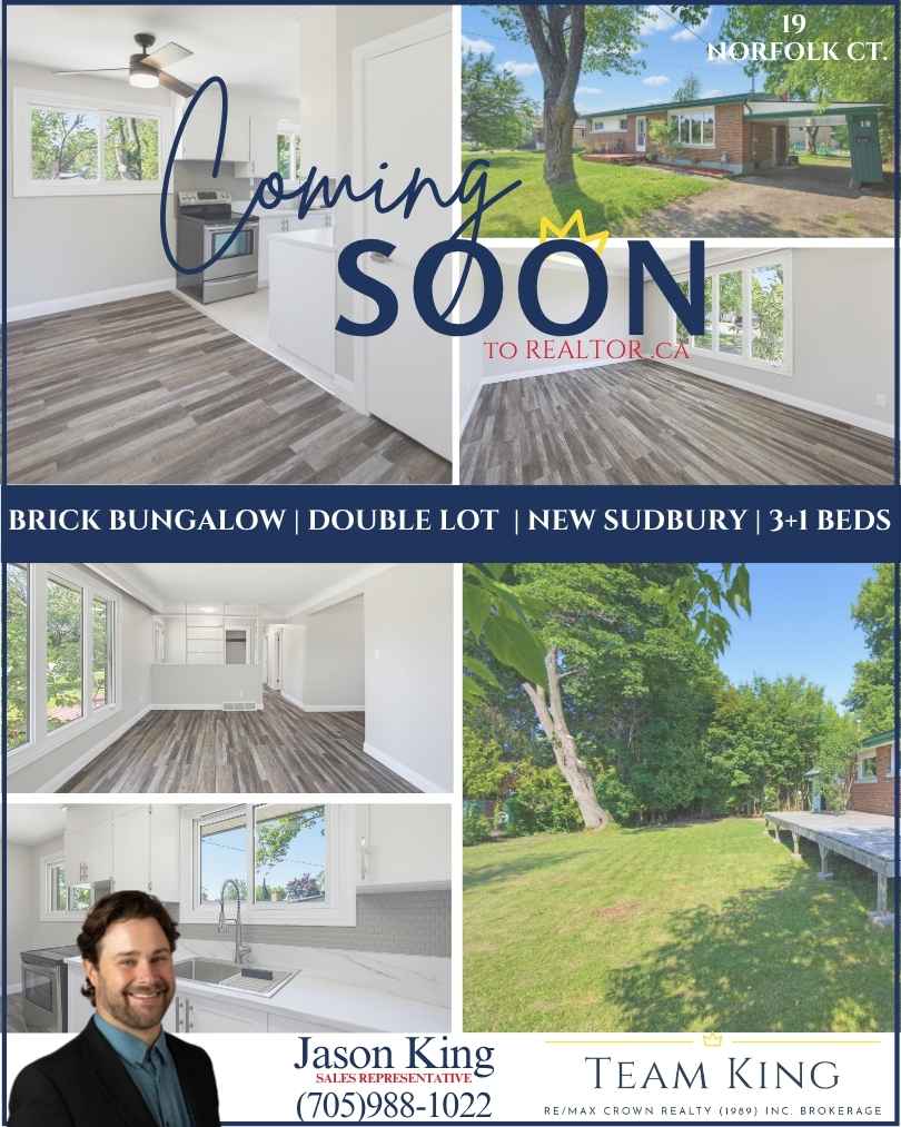 Coming Soon at 19 Norfolk Street in New Sudbury featuring a renovated 3+1 bedroom brick bungalow on a rare double lot.