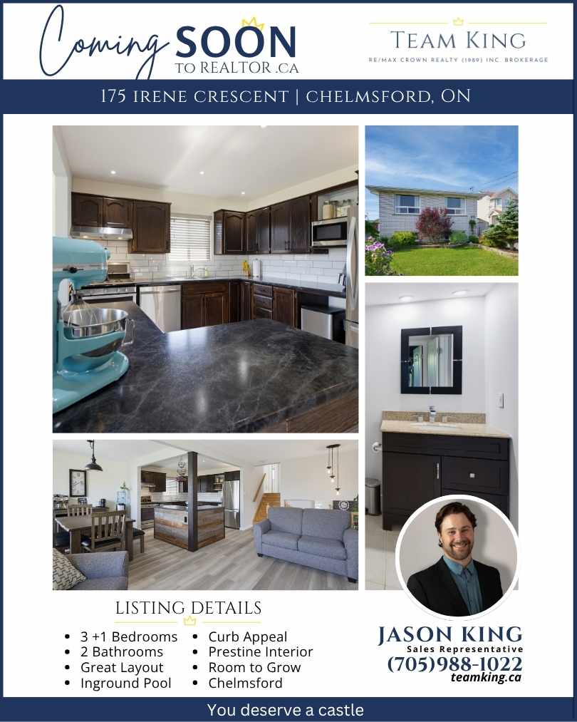 Coming Soon at 175 Irene Crescent in Chelmsford featuring a pristine 3+1 bedroom brick bungalow with an inground pool.