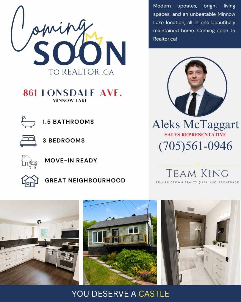 Coming Soon in Minnow Lake, Greater Sudbury - Updated 3 bedroom, 1.5 bathroom home with modern kitchen by Team KING RE/MAX Crown Realty.
