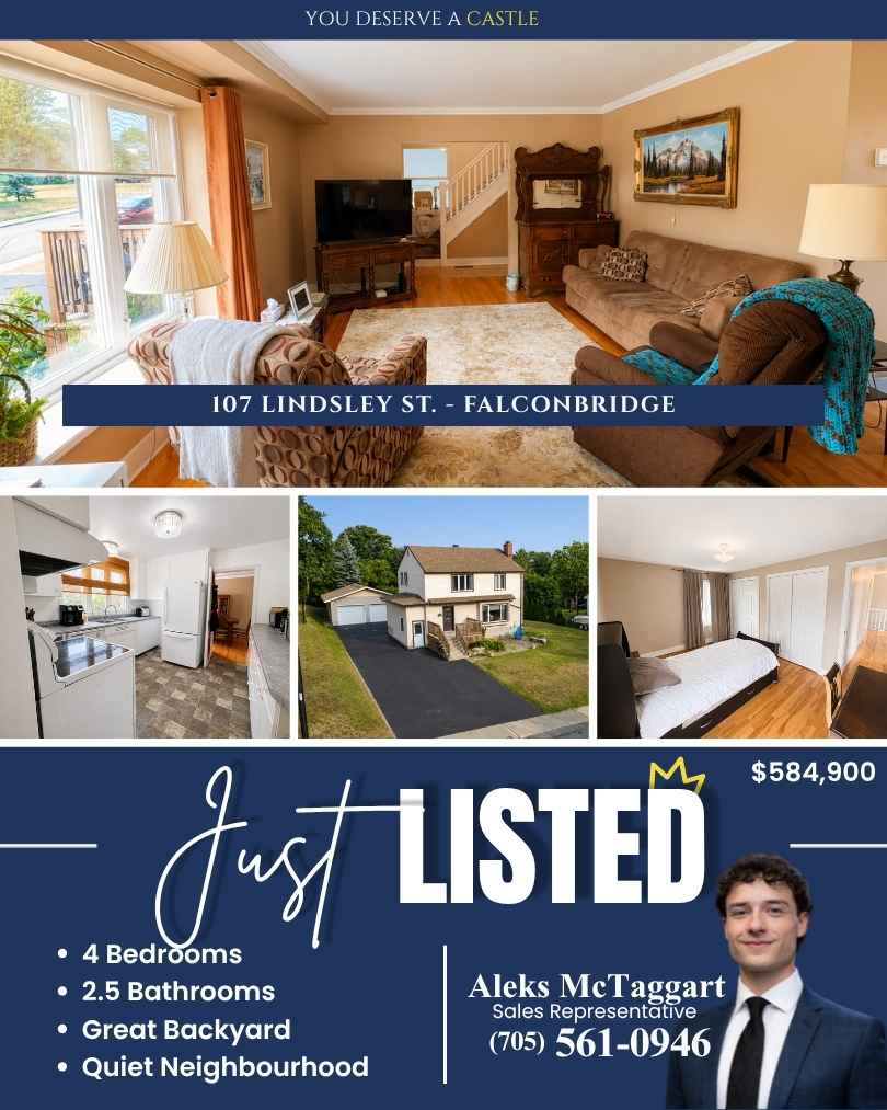 JUST LISTED 107 Lindsley Street in Falconbridge featuring a 4-bedroom, 2.5-bathroom home with a great backyard and detached double-car garage.