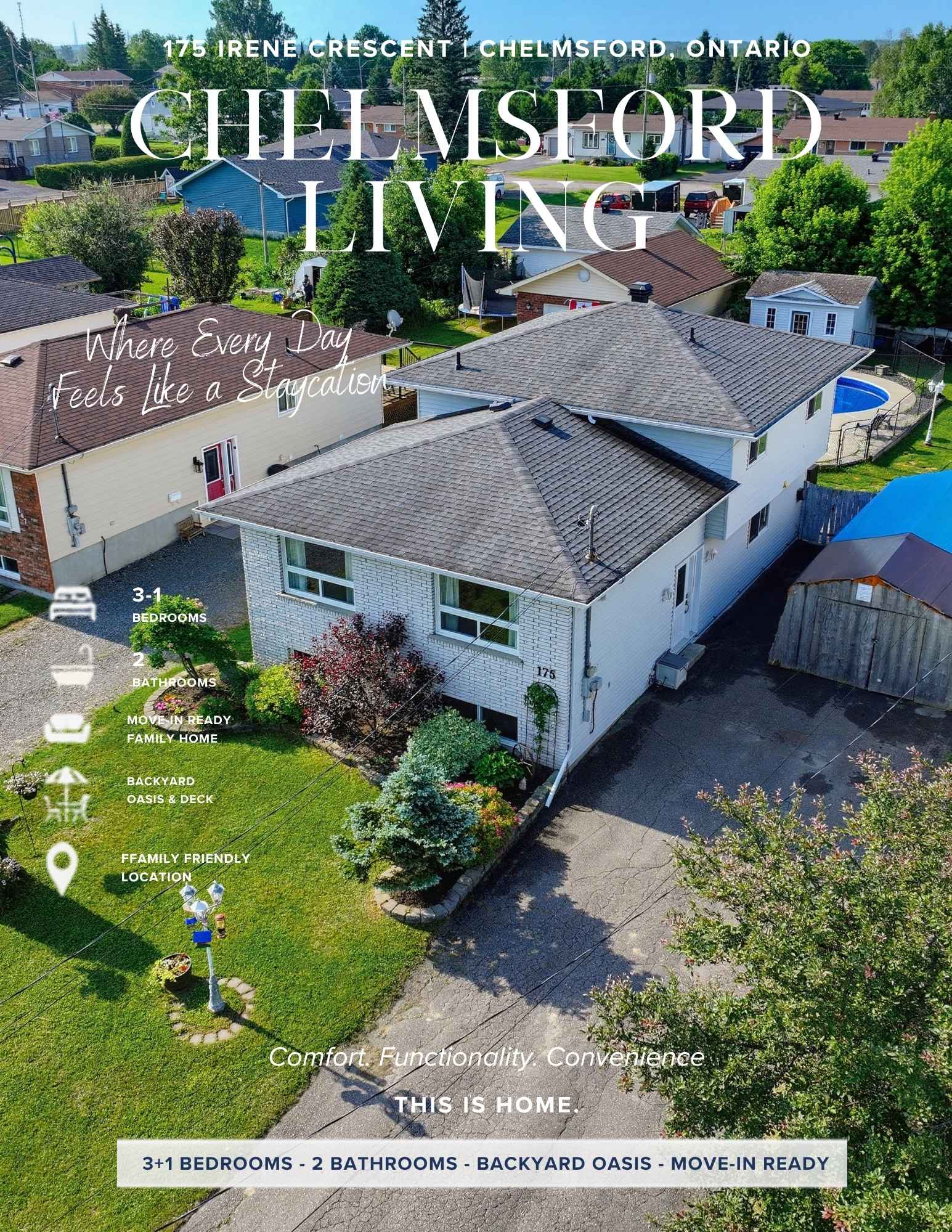Just Listed at 175 Irene Crescent in Chelmsford featuring a pristine 3+1 bedroom brick bungalow with an inground pool.