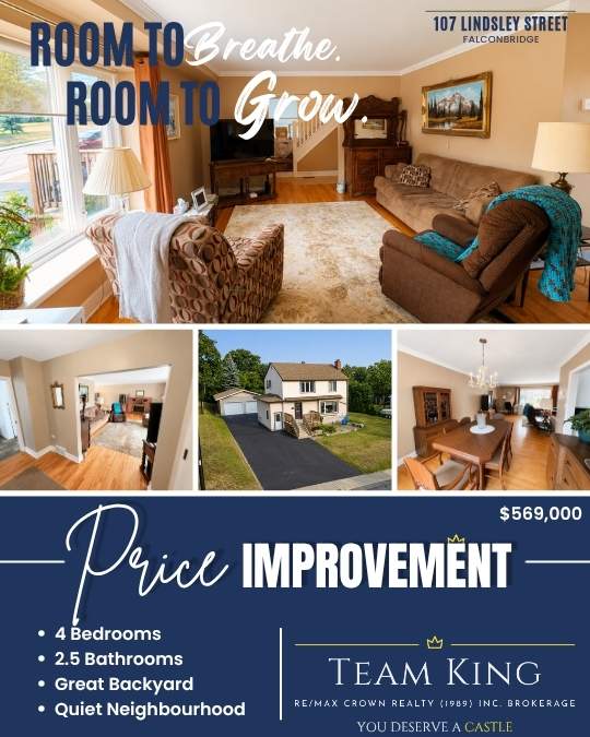 PRICE DROP 107 Lindsley Street in Falconbridge featuring a 4-bedroom, 2.5-bathroom home with a great backyard and detached double-car garage.