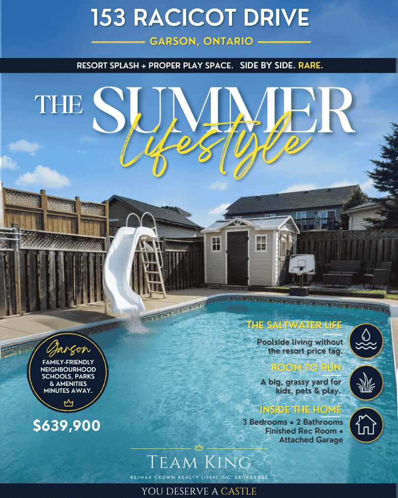 153 Racicot Drive in Garson, Ontario featuring a saltwater inground pool, spacious backyard, and 3-bedroom home