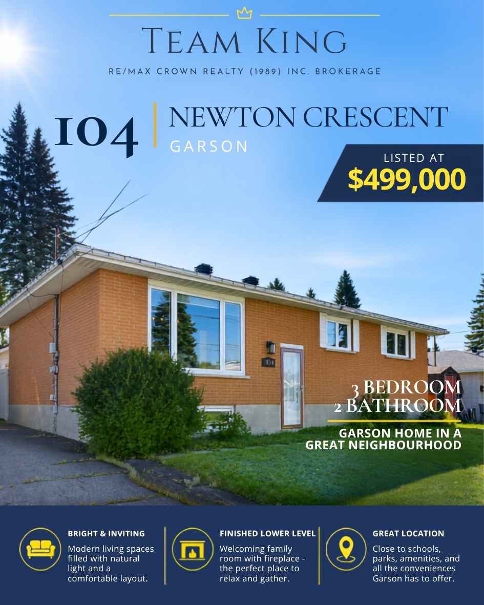 Just Listed 104 Newton Crescent in Garson, Ontario, 3 bedroom, 2 bathroom home