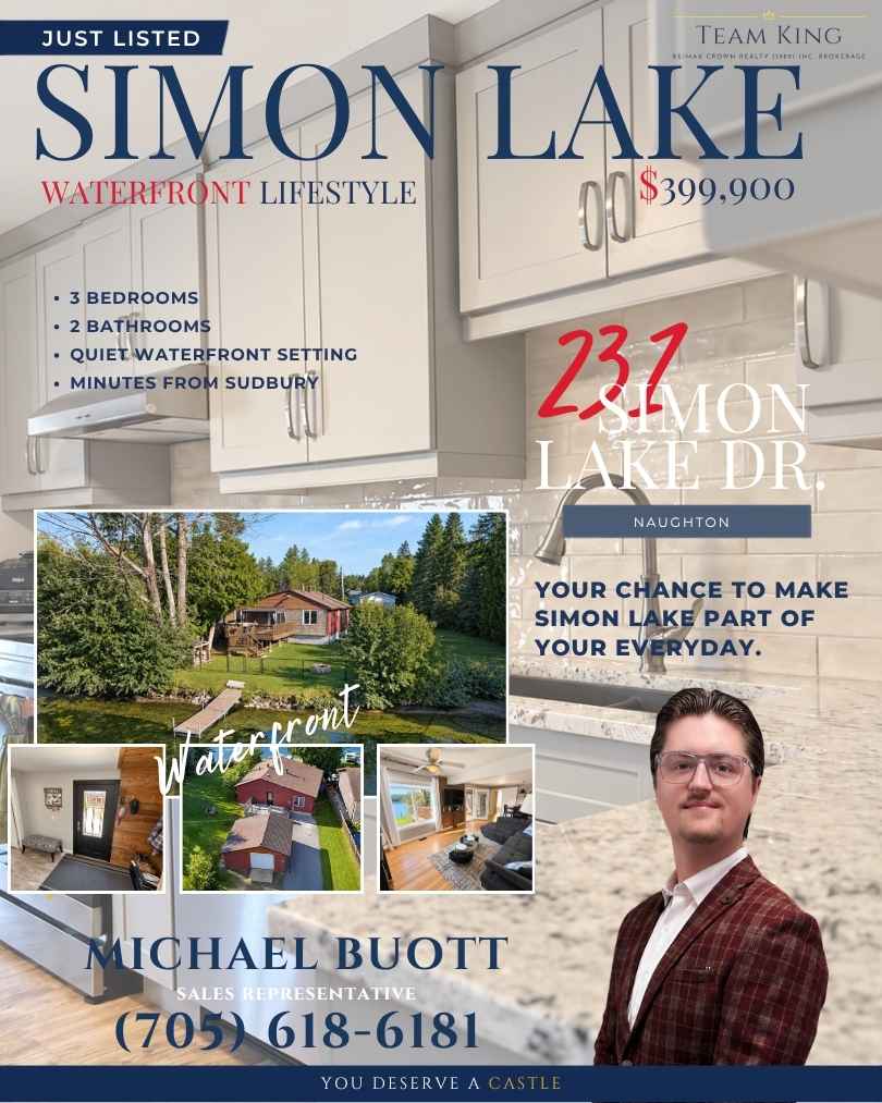 Just Listed: 231 Simon Lake Drive, Naughton — 3-bedroom, 2-bathroom waterfront home on Simon Lake, offering lake views and Northern Ontario lake living.