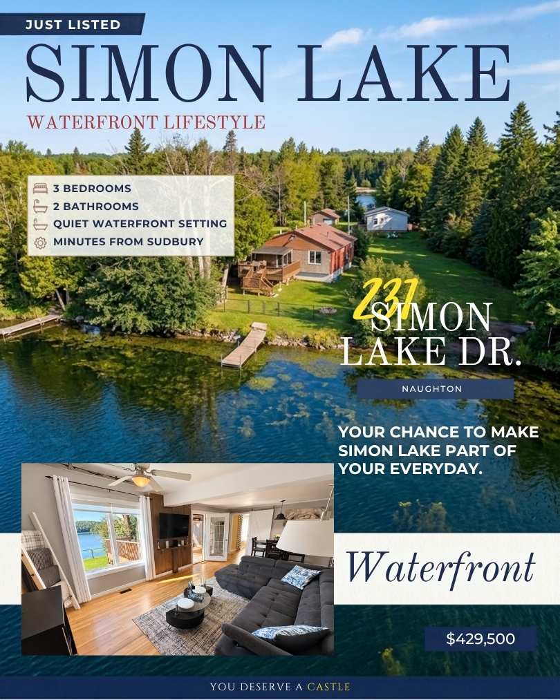Just Listed: 231 Simon Lake Drive, Naughton | 3-bedroom, 2-bathroom waterfront home on Simon Lake, offering lake views and Northern Ontario lake living.