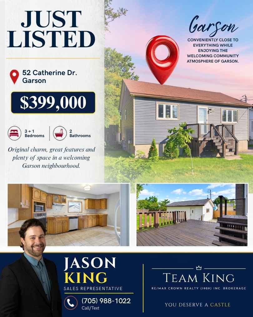 Just Listed 52 Catherine Drive Garson Ontario home featuring property photos, Jason King and Team KING